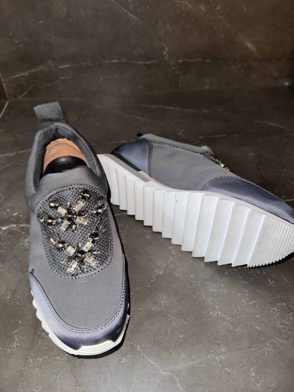 Gray Embellished Slip-On Women's Platform Sneakers